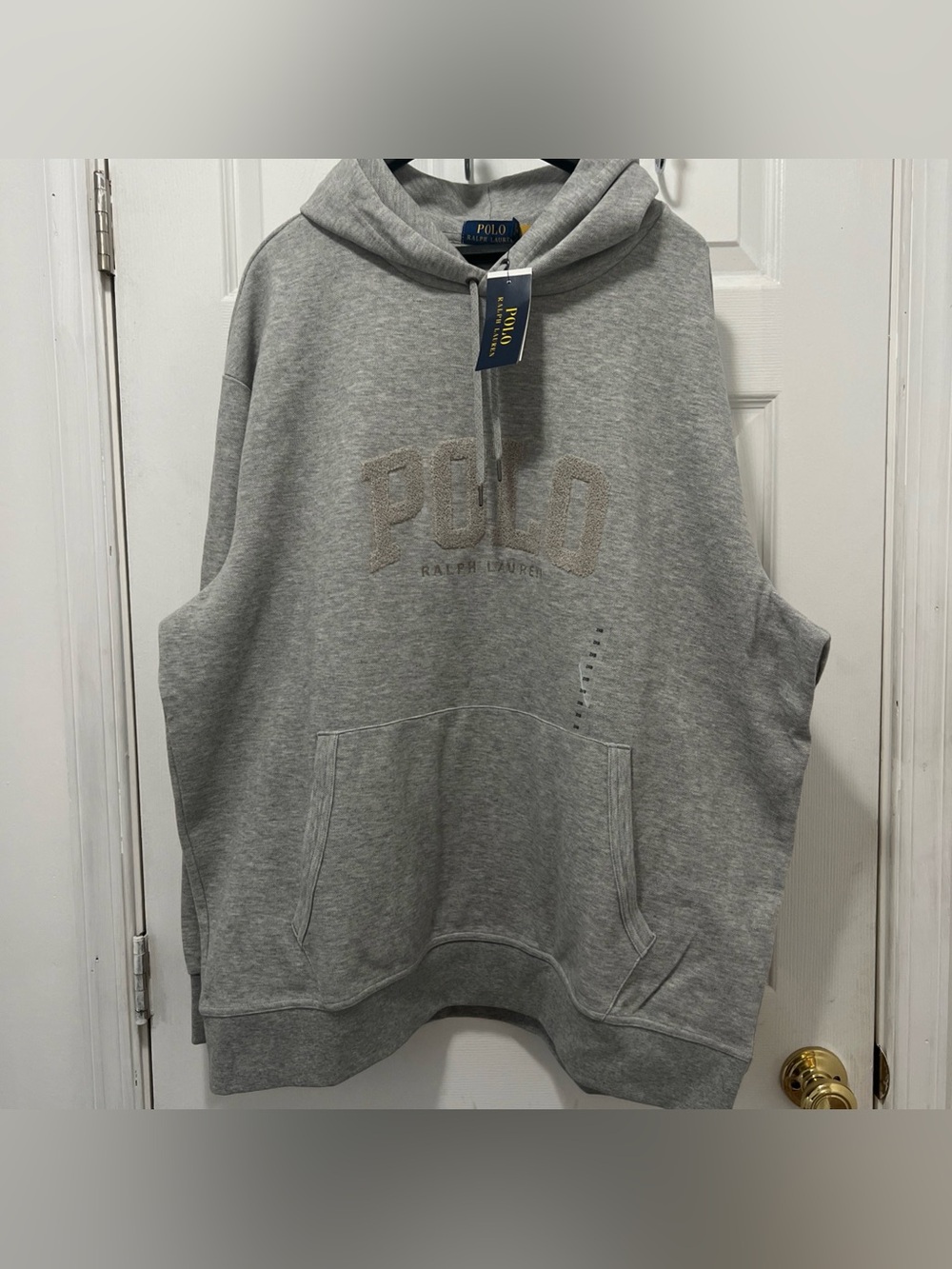 Mens Polo Ralph Lauren 2XB Heather Grey Hoodie Textured Chenille”POLO”Logo NWT